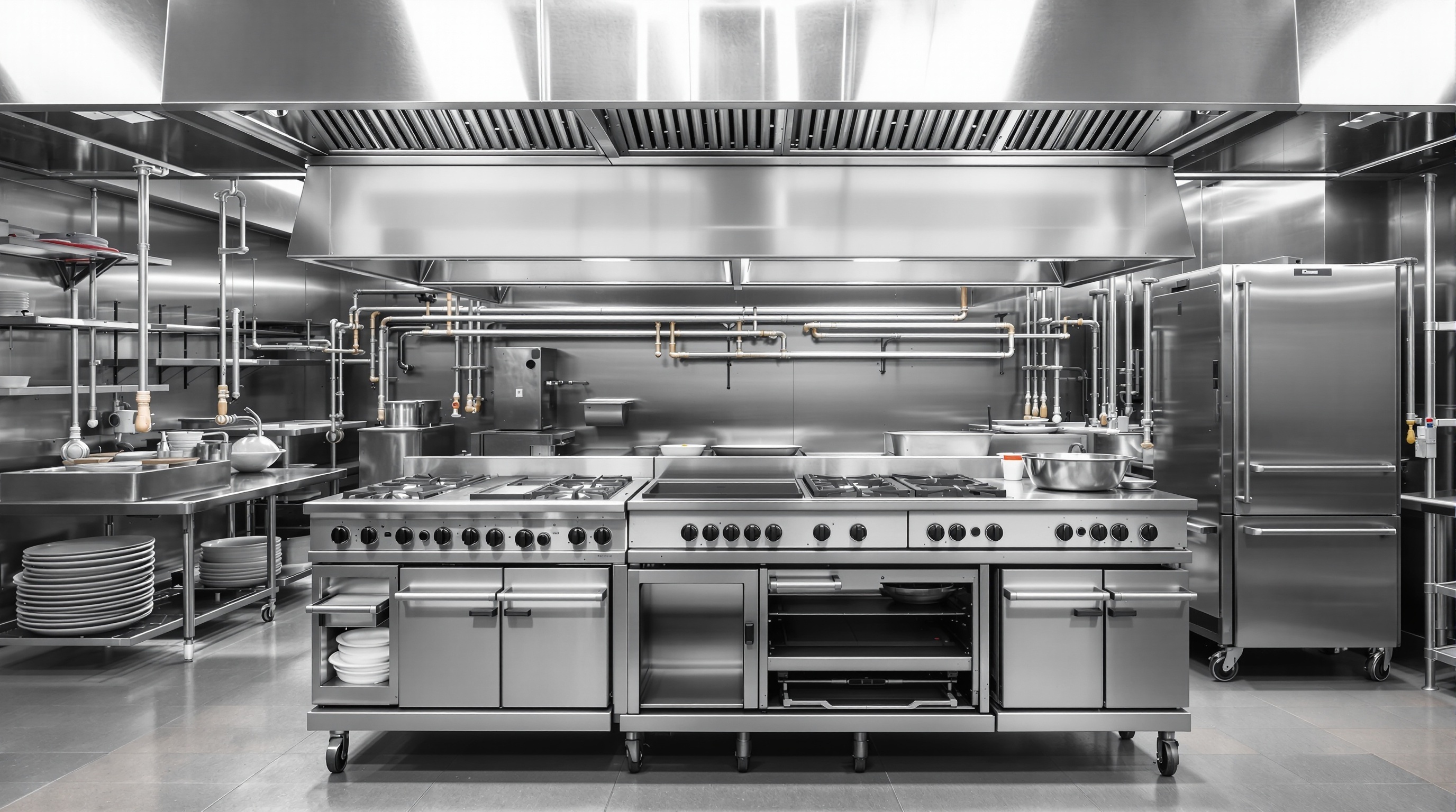 Professional commercial kitchen with catering equipment and gas installations