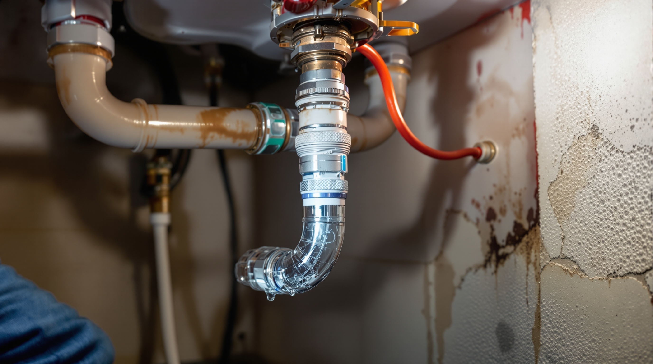 Emergency plumbing repair showing burst pipe leak requiring immediate attention