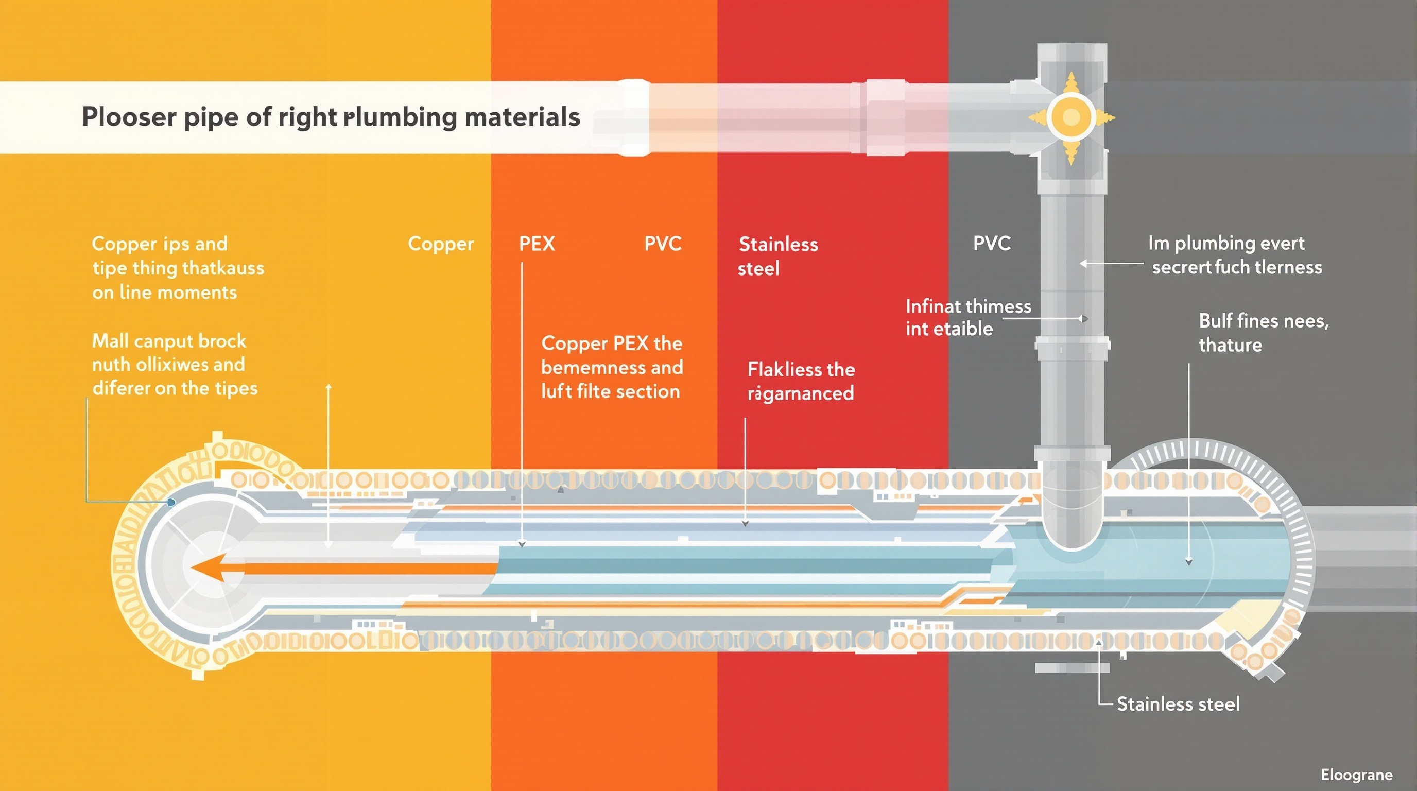 Cross-section comparison of plumbing pipe materials showing copper, PEX, PVC, and stainless steel
